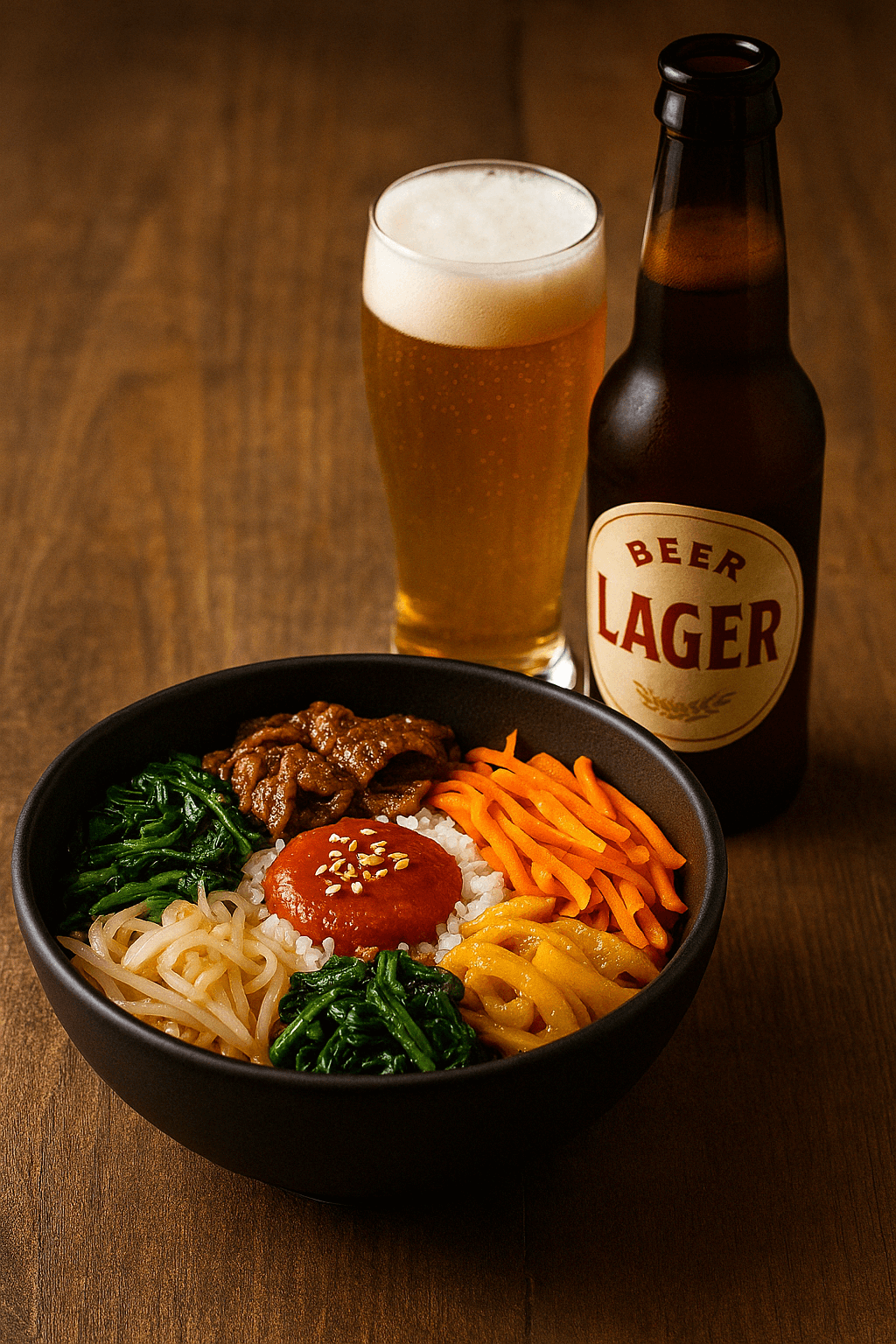Ciotola di bibimbap coreano servito con una birra chiara ghiacciata.